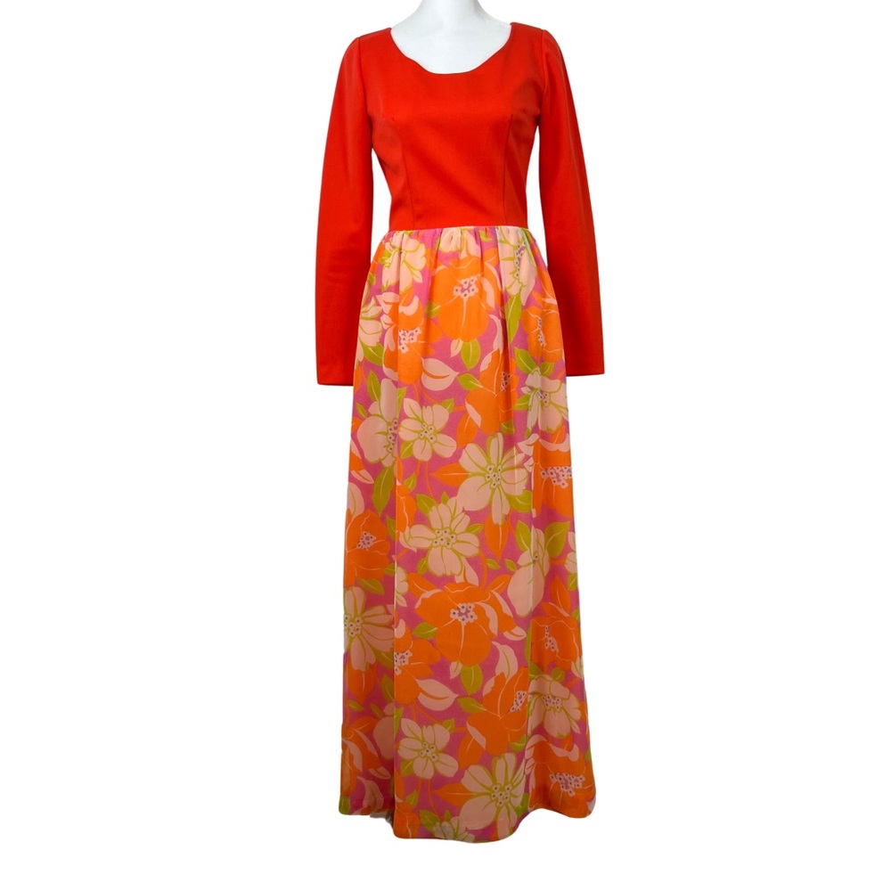 Vintage Handmade 70s Floral Orange Long Sleeve Maxi Dress XS/S